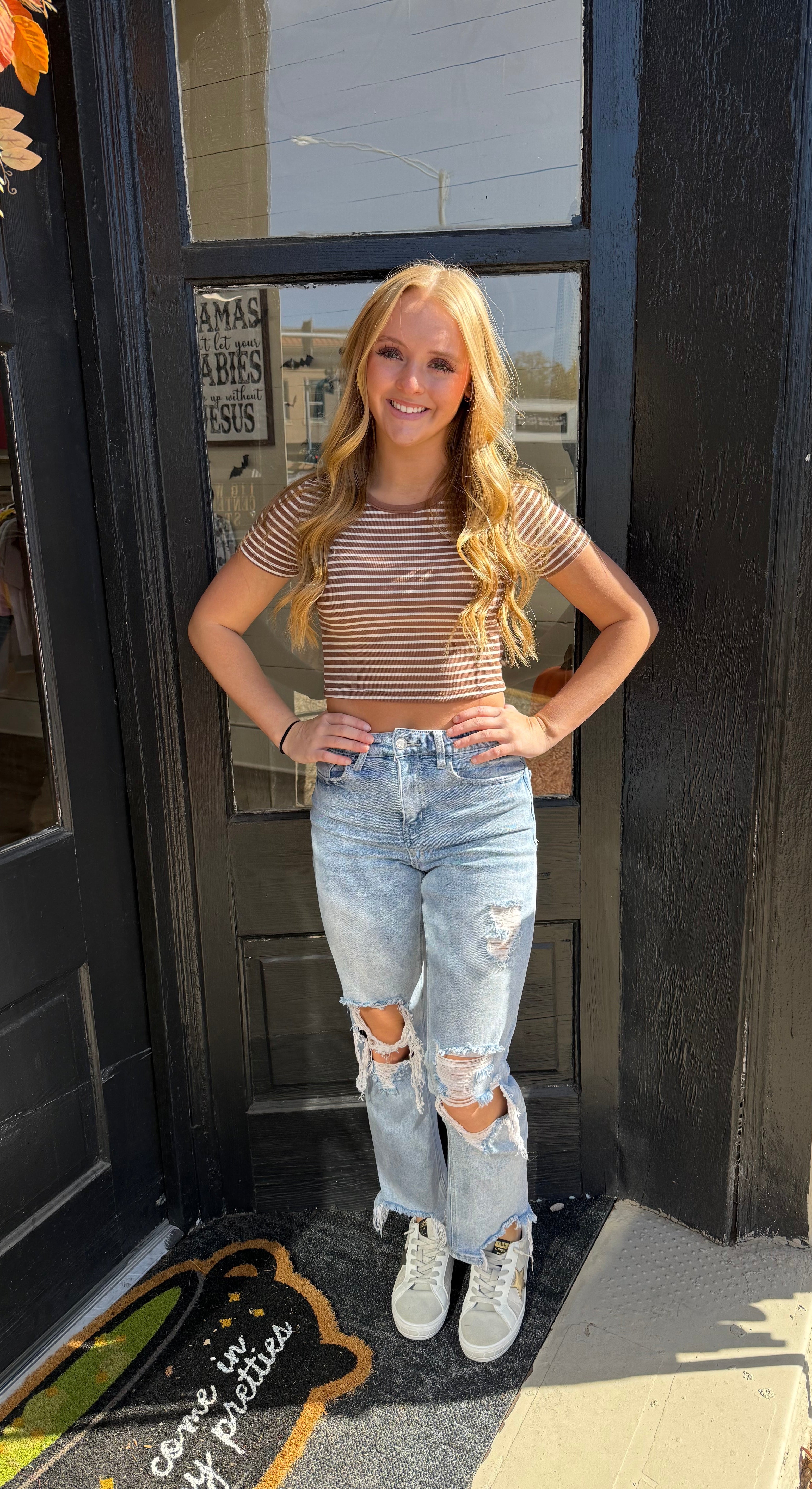 Brown & Cream Striped Crop Tee