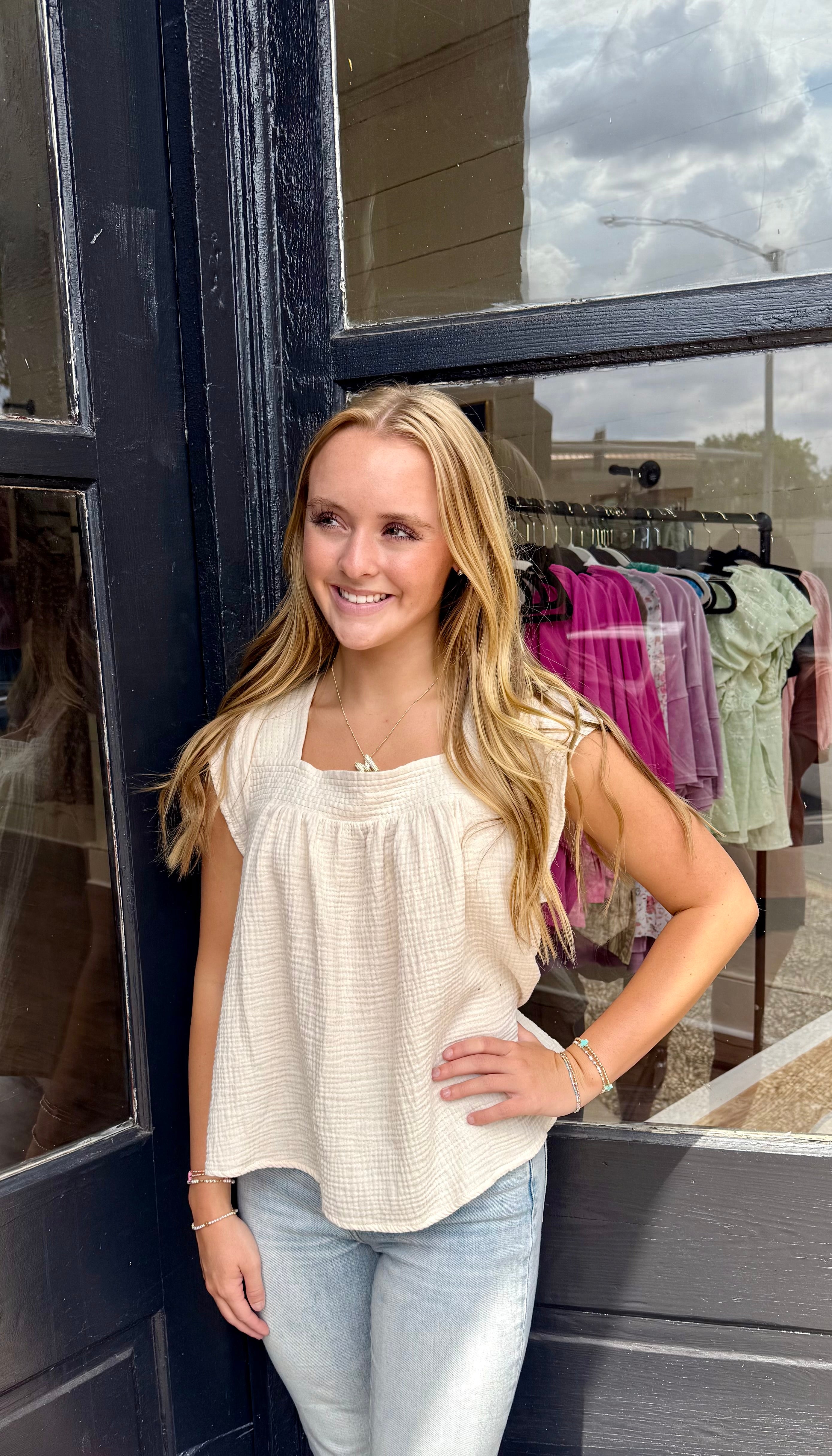 Oatmeal Square Neck Flutter Blouse