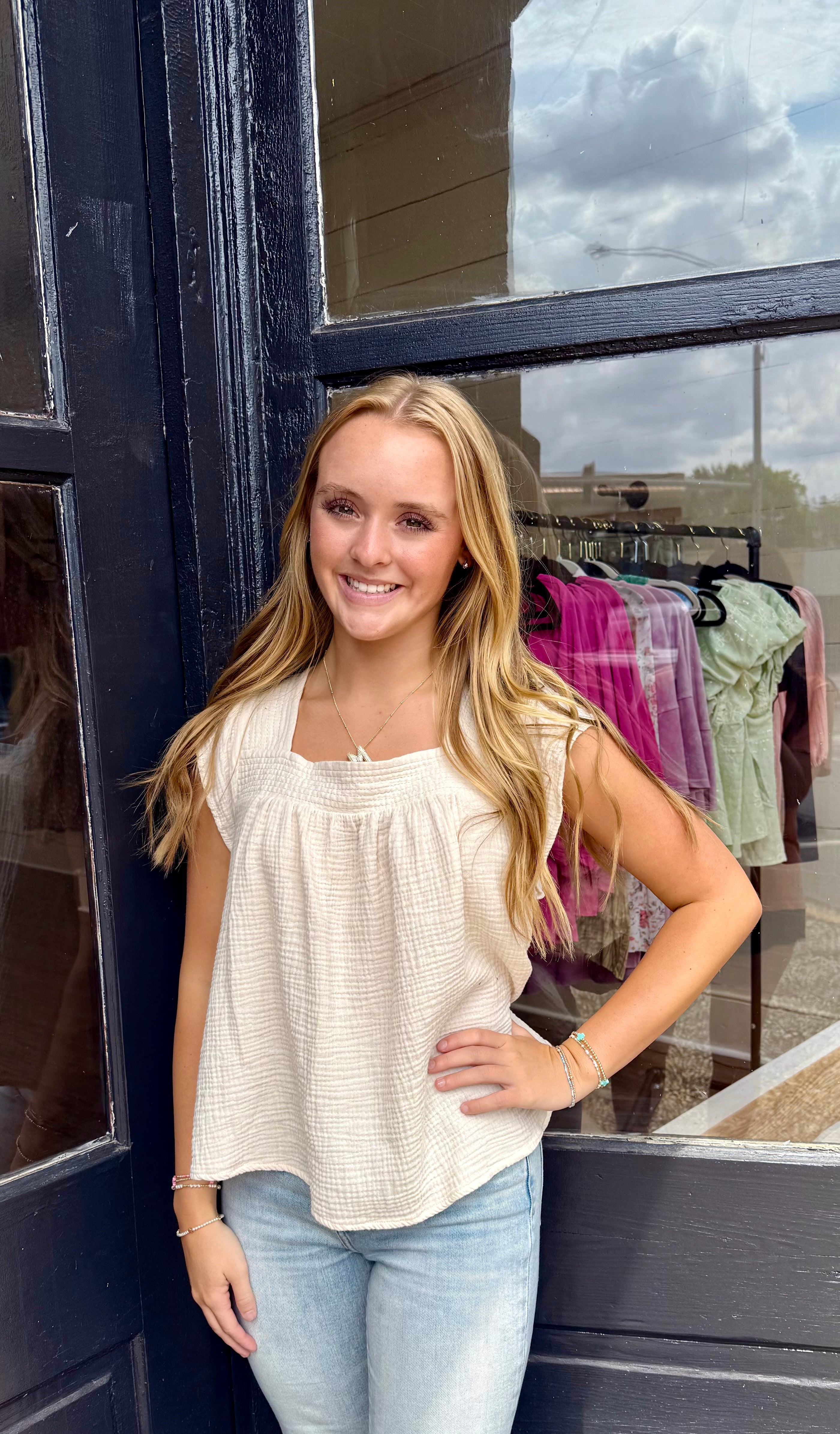 Oatmeal Square Neck Flutter Blouse