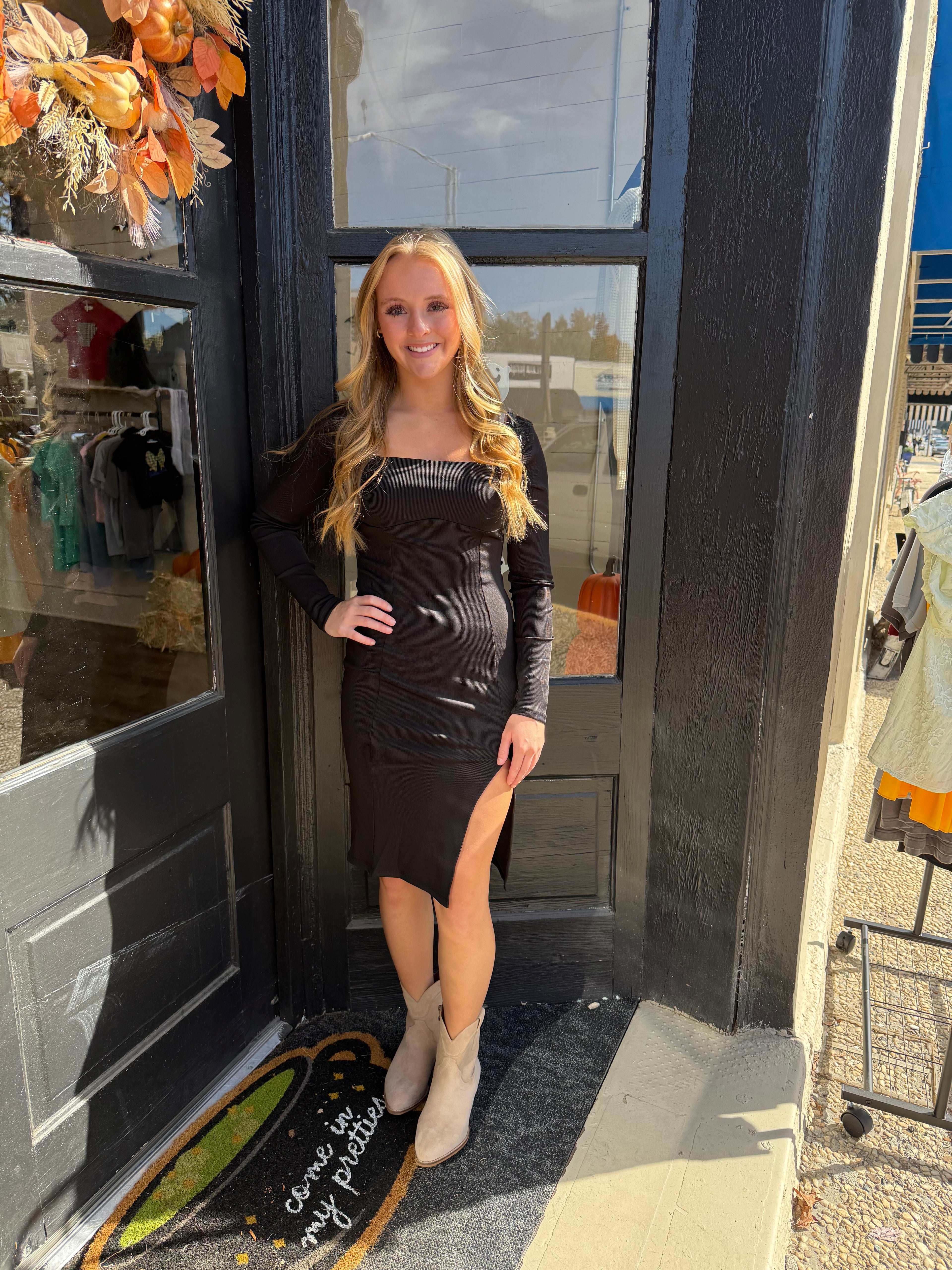 Long Sleeve Square Neck Midi Dress