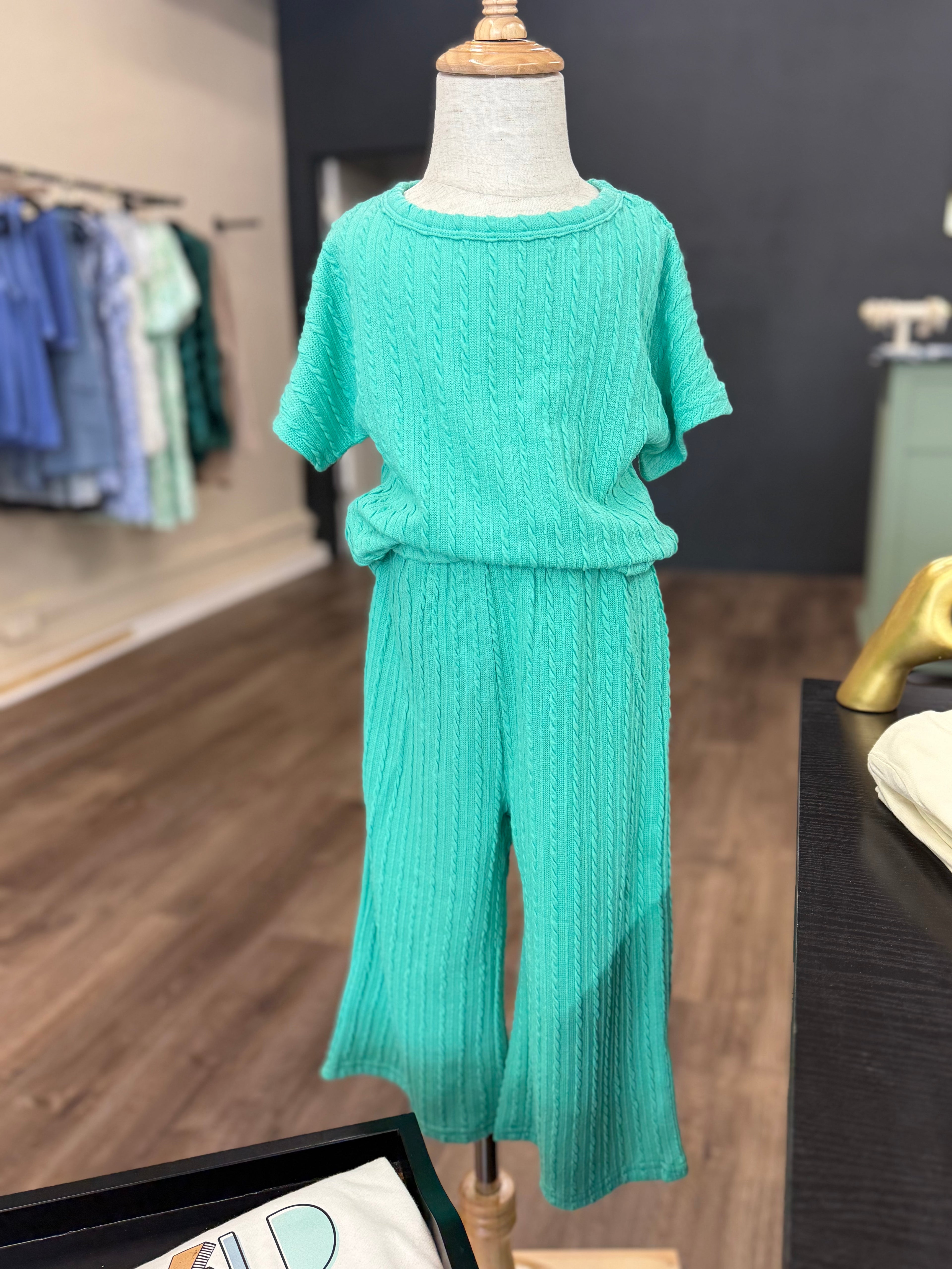 Girls’ Mint Cable Knit Set – Top & Pants