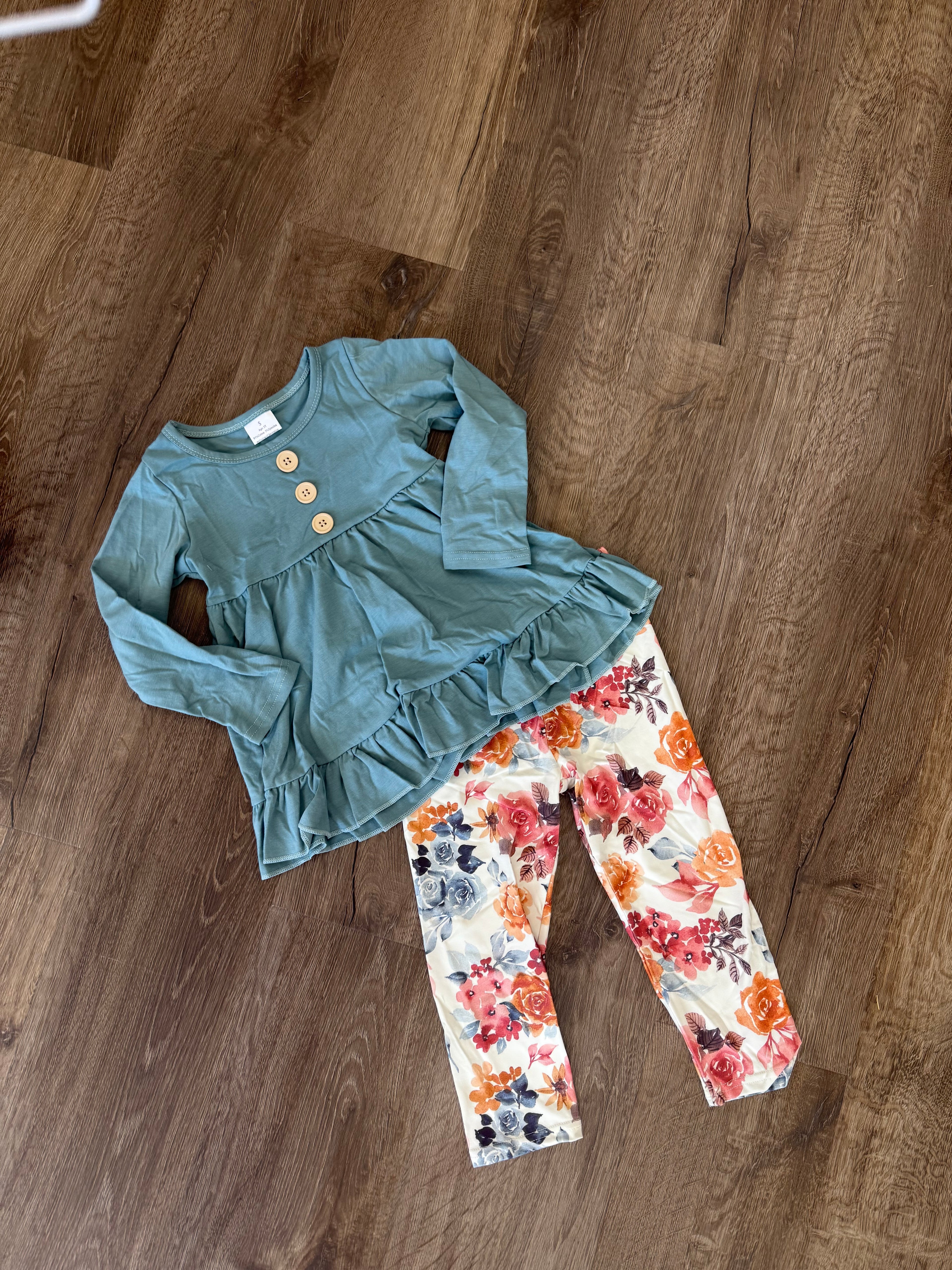 Girls Teal Ruffle Top & Floral Legging