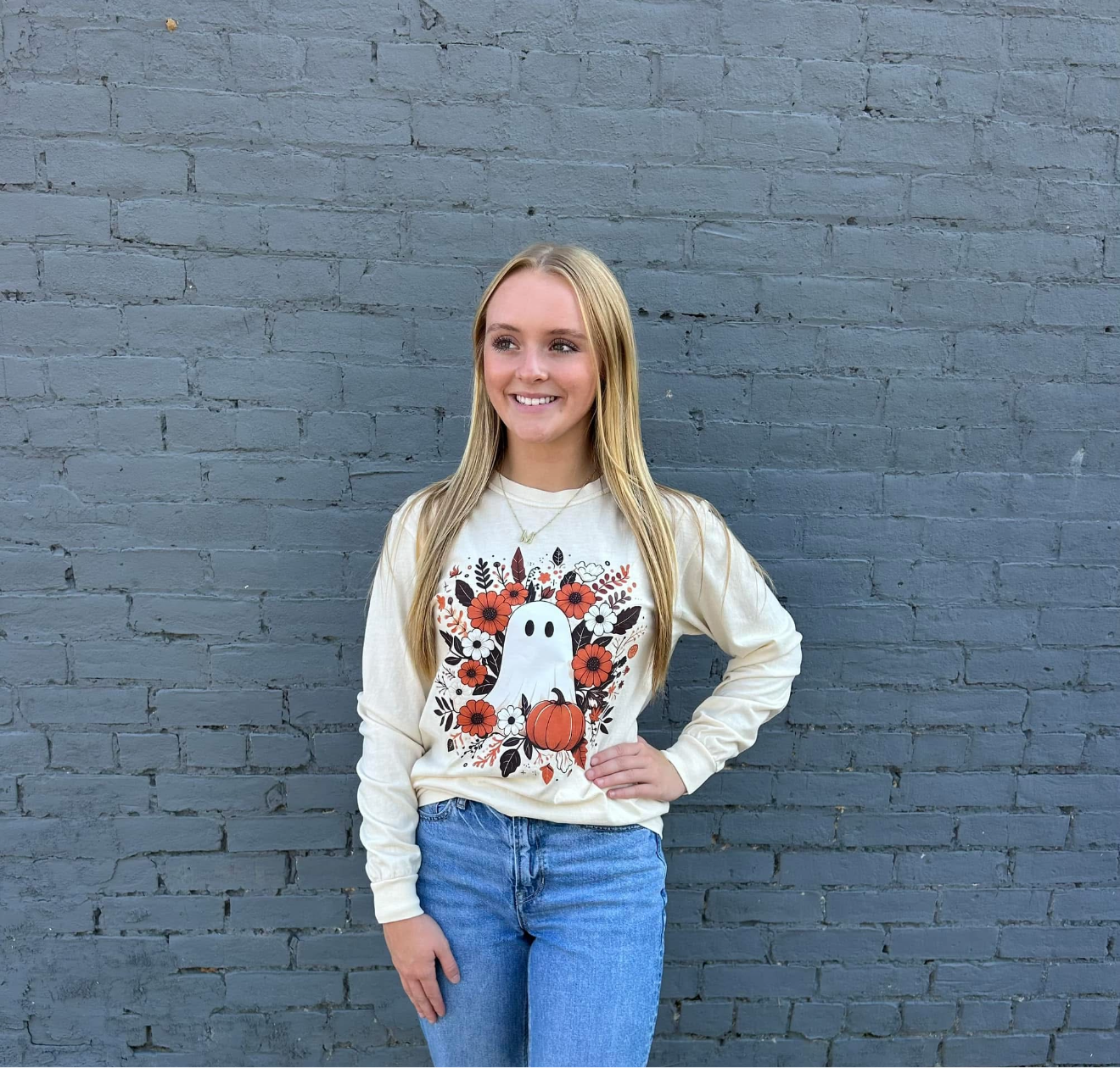 Fall Floral Ghost Long Sleeve Tee