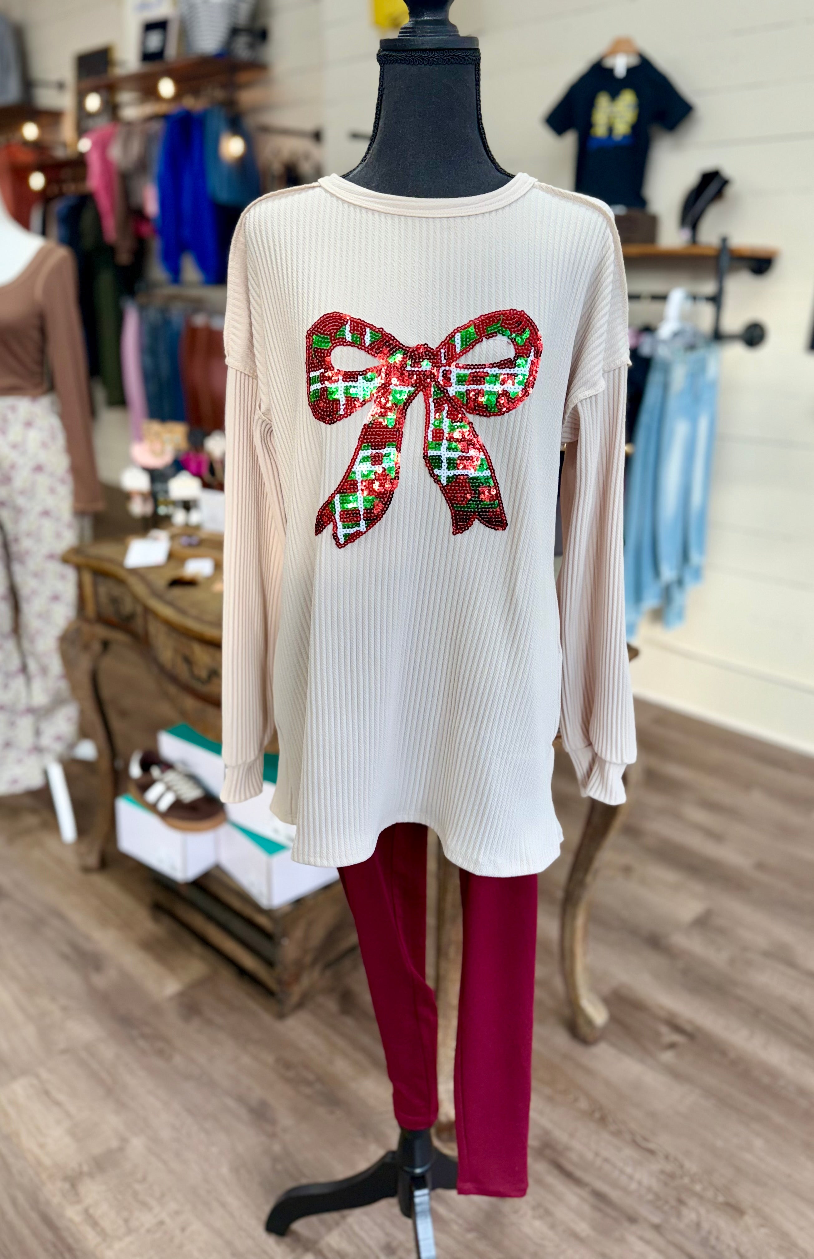 Sequin Christmas Bow Ribbed Blouse
