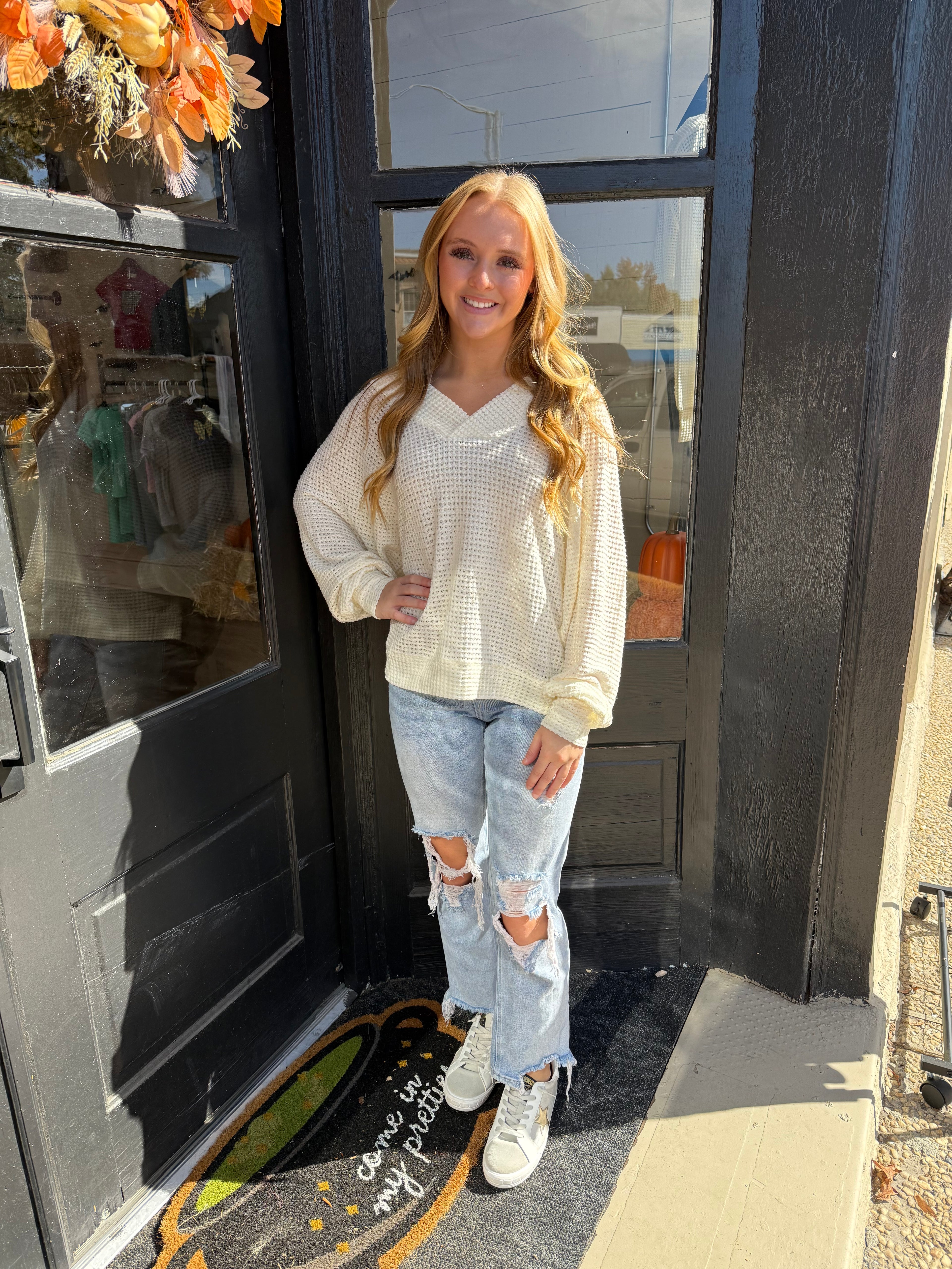 Cream Waffle Knit V-Neck Sweater