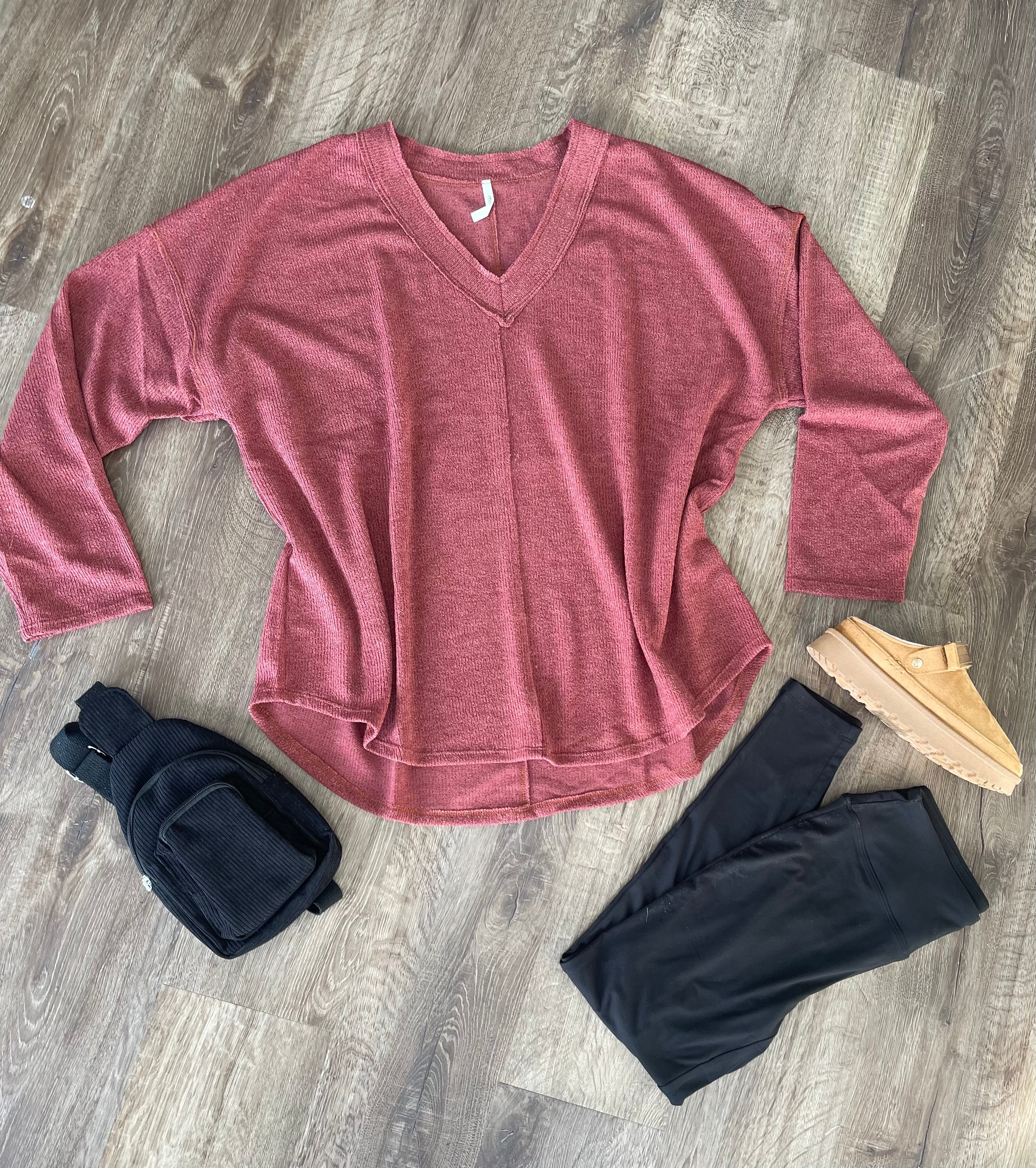 Plus Size Cozy Ribbed V-Neck Oversized Top – Berry