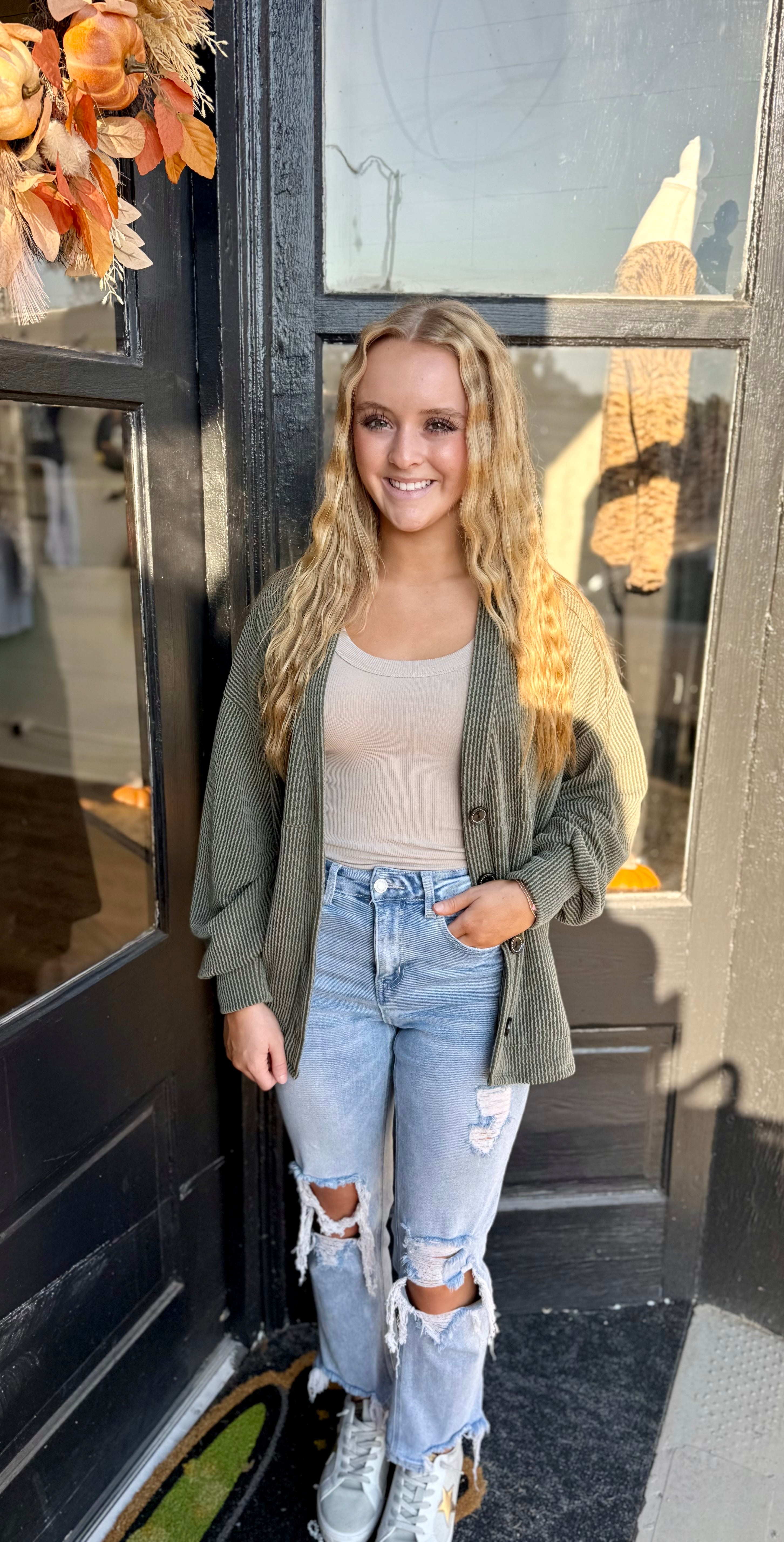 Olive Button Down Ribbed Cardigan