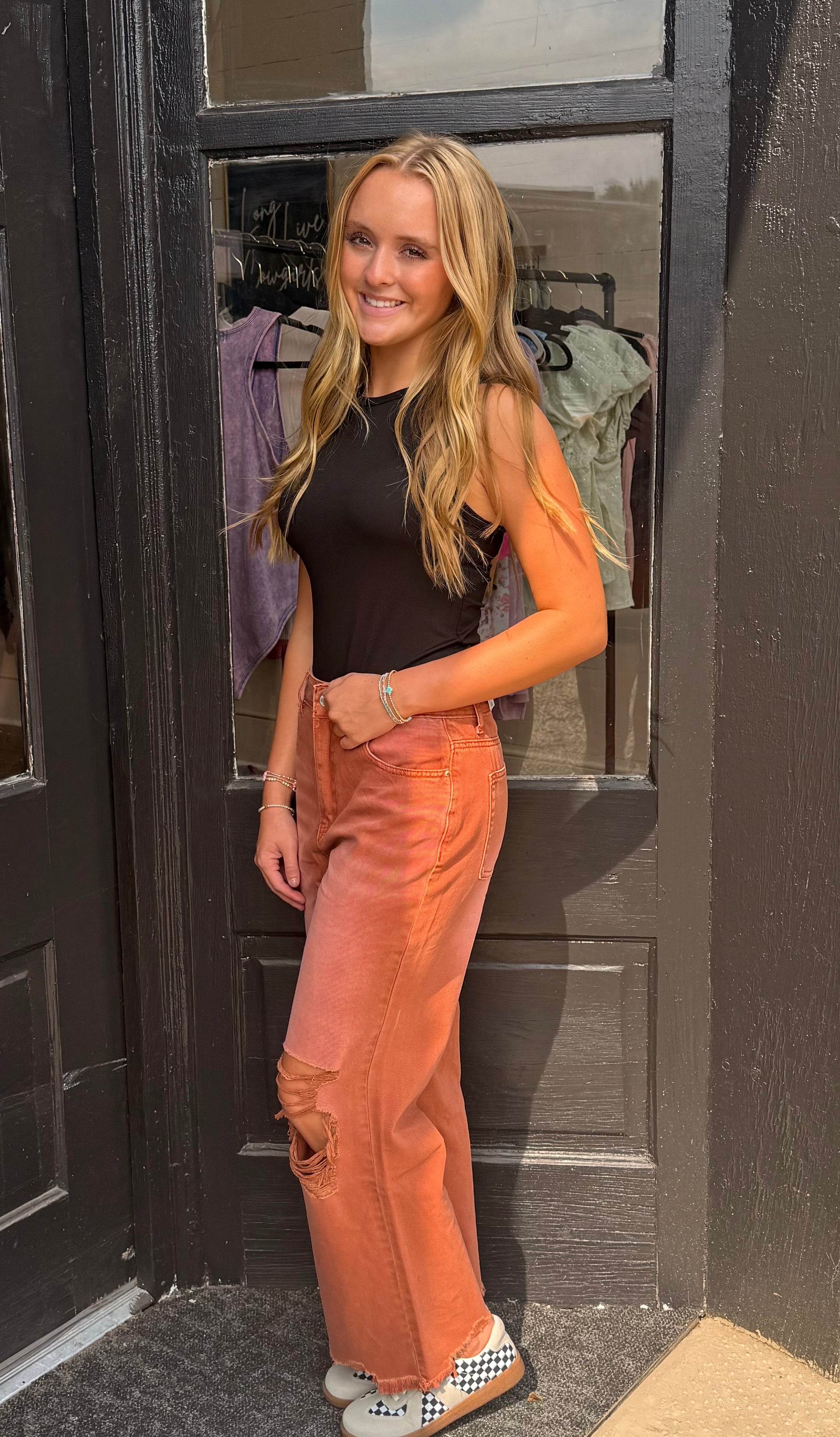 Rust Distressed Knee Cropped Jean