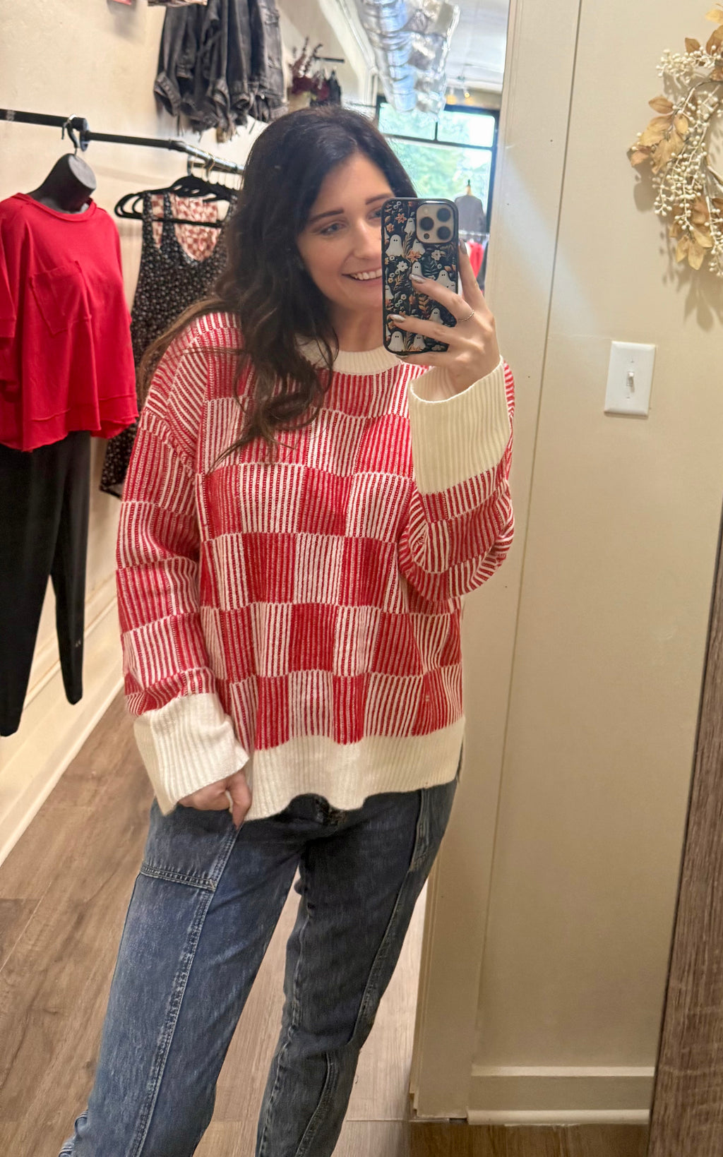 Checkered Cozy Knit Sweater – Red & Cream