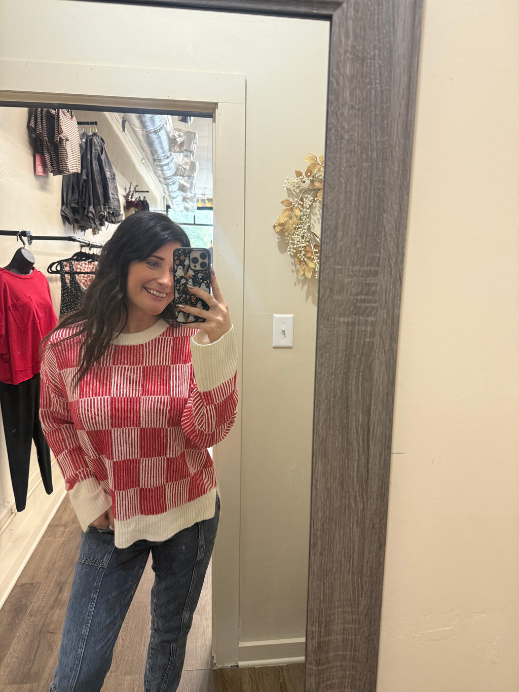 Checkered Cozy Knit Sweater – Red & Cream